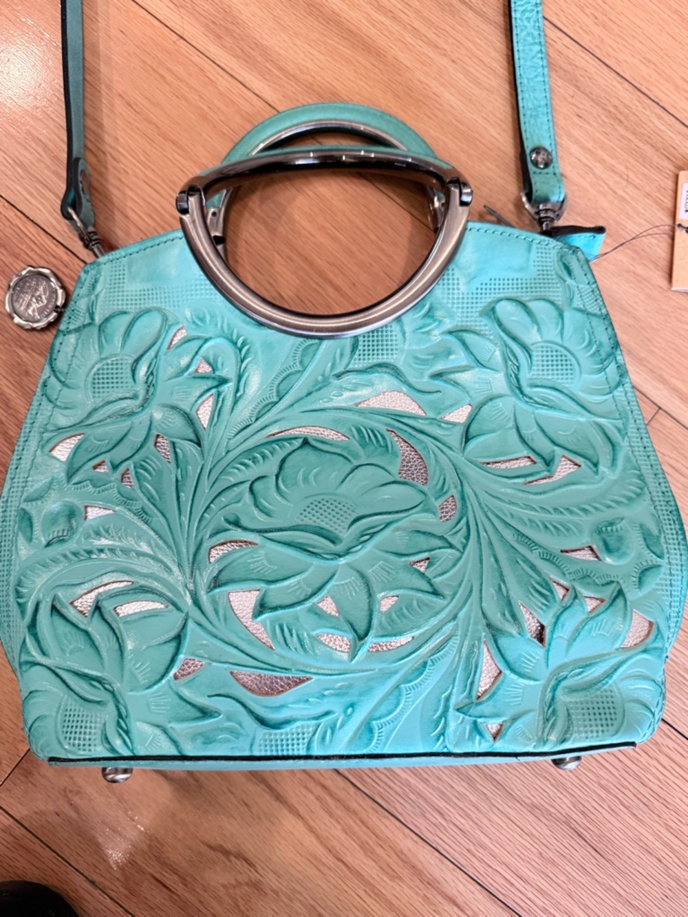 Patricia Nash Turquoise Floral Cutout Satchel with Silver Underlay
